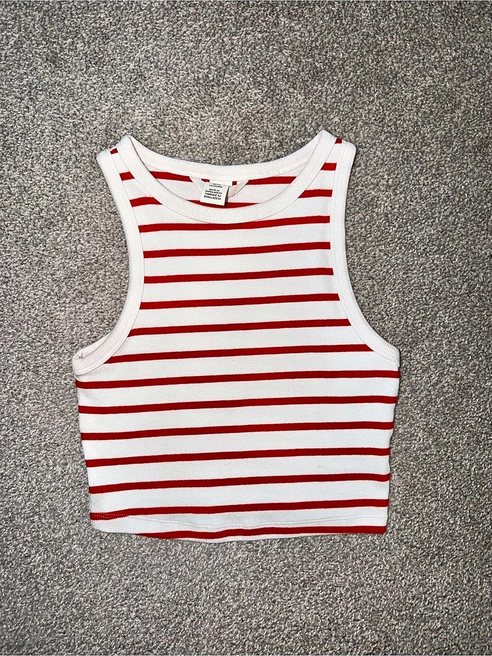 H&M Ribbed Crop Tank Top Striped White & Red Small Like New